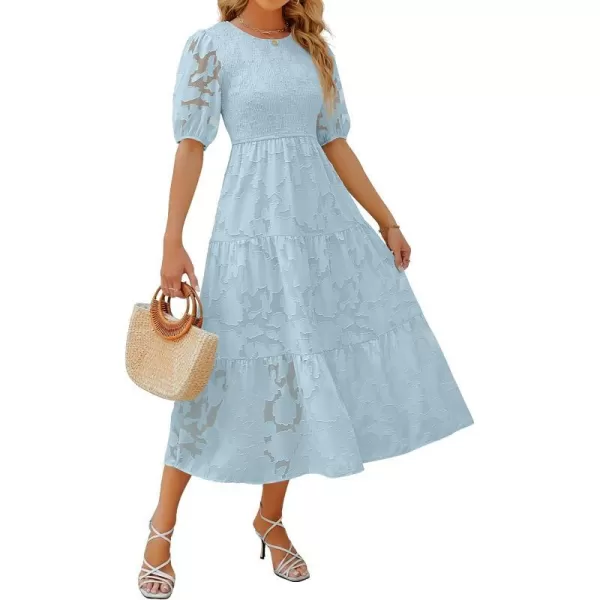 imageZESICA Womens 2023 Summer Short Puff Sleeve Crewneck Smocked Floral Lace Flowy A Line Tiered Midi DressesBlue