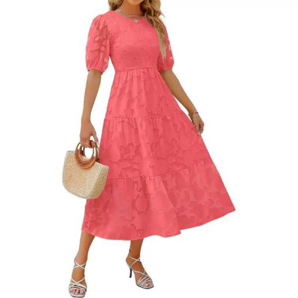 imageZESICA Womens 2023 Summer Short Puff Sleeve Crewneck Smocked Floral Lace Flowy A Line Tiered Midi DressesWatermelon