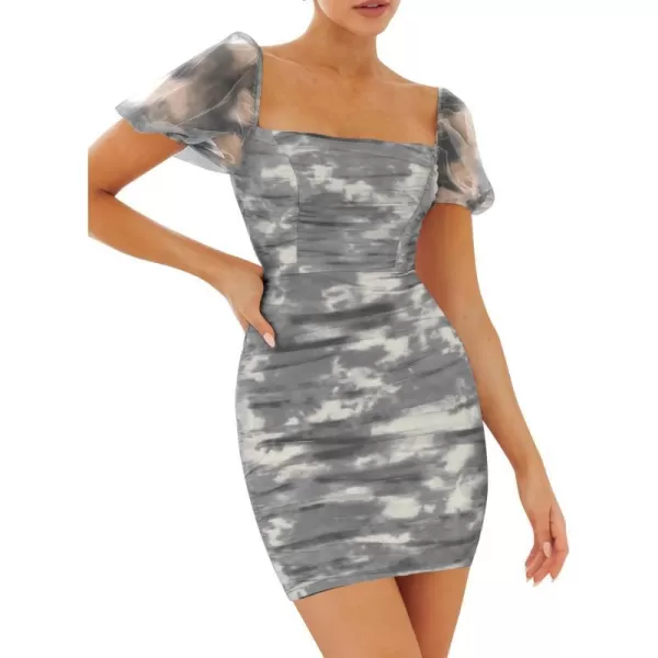 imageZESICA Womens 2023 Summer Short Puff Sleeve Tie Dye Print Ruched Bodycon Cocktail Party Wedding Guest Short Mini DressBlack