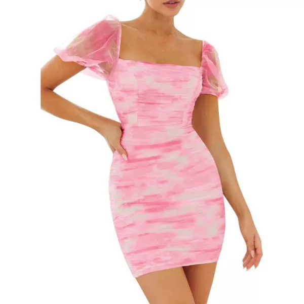 imageZESICA Womens 2023 Summer Short Puff Sleeve Tie Dye Print Ruched Bodycon Cocktail Party Wedding Guest Short Mini DressHotpink
