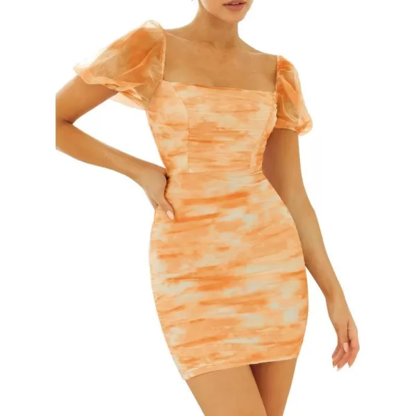 imageZESICA Womens 2023 Summer Short Puff Sleeve Tie Dye Print Ruched Bodycon Cocktail Party Wedding Guest Short Mini DressOrange