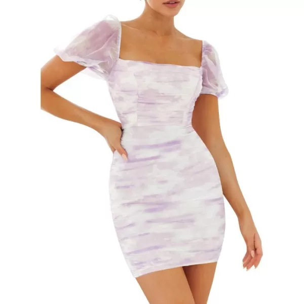 imageZESICA Womens 2023 Summer Short Puff Sleeve Tie Dye Print Ruched Bodycon Cocktail Party Wedding Guest Short Mini DressPurple