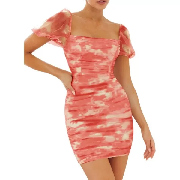 imageZESICA Womens 2023 Summer Short Puff Sleeve Tie Dye Print Ruched Bodycon Cocktail Party Wedding Guest Short Mini DressRed