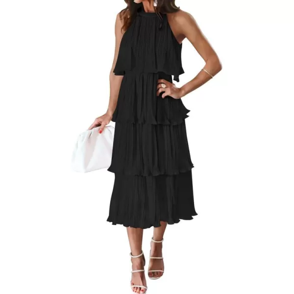 imageZESICA Womens 2023 Summer Sleeveless Halter Neck Ruffle Tiered Layed Chiffon Flowy Swing Long Midi DressDarkblack