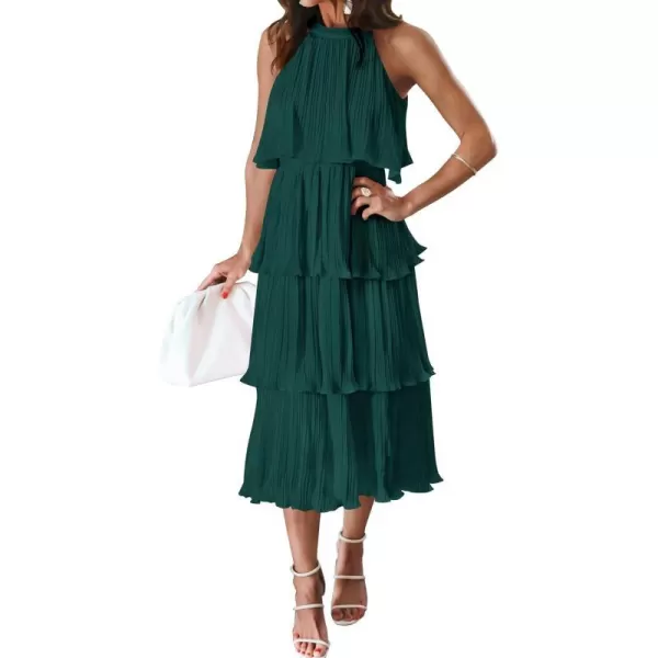 imageZESICA Womens 2023 Summer Sleeveless Halter Neck Ruffle Tiered Layed Chiffon Flowy Swing Long Midi DressDarkgreen