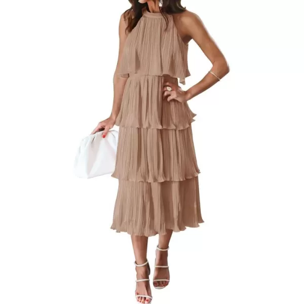 imageZESICA Womens 2023 Summer Sleeveless Halter Neck Ruffle Tiered Layed Chiffon Flowy Swing Long Midi DressKhaki