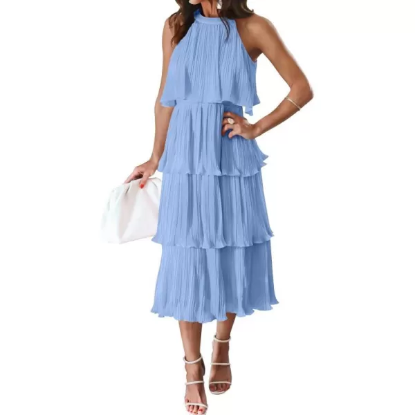 imageZESICA Womens 2023 Summer Sleeveless Halter Neck Ruffle Tiered Layed Chiffon Flowy Swing Long Midi DressLightblue