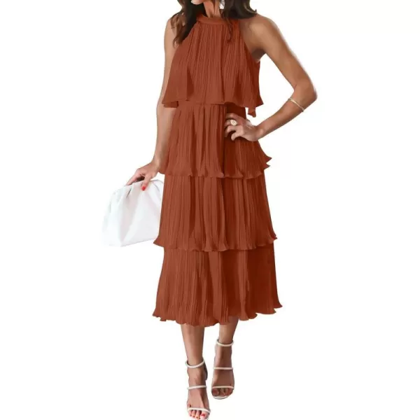 imageZESICA Womens 2023 Summer Sleeveless Halter Neck Ruffle Tiered Layed Chiffon Flowy Swing Long Midi DressMaple