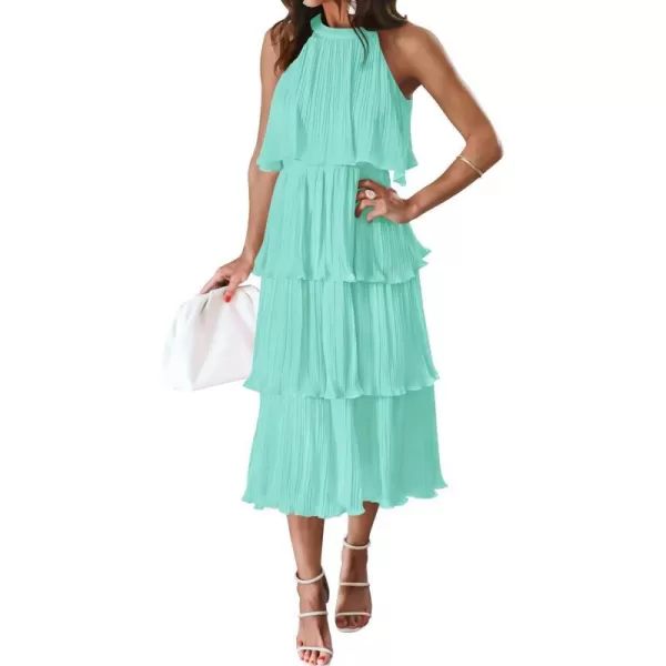 imageZESICA Womens 2023 Summer Sleeveless Halter Neck Ruffle Tiered Layed Chiffon Flowy Swing Long Midi DressMint