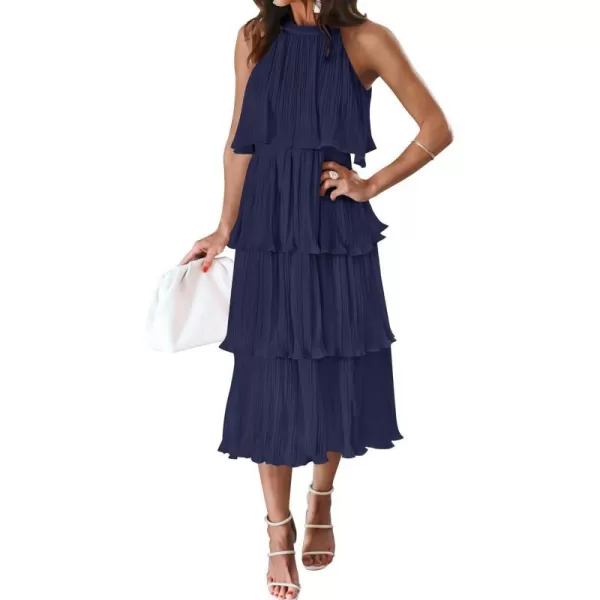 imageZESICA Womens 2023 Summer Sleeveless Halter Neck Ruffle Tiered Layed Chiffon Flowy Swing Long Midi DressNavy