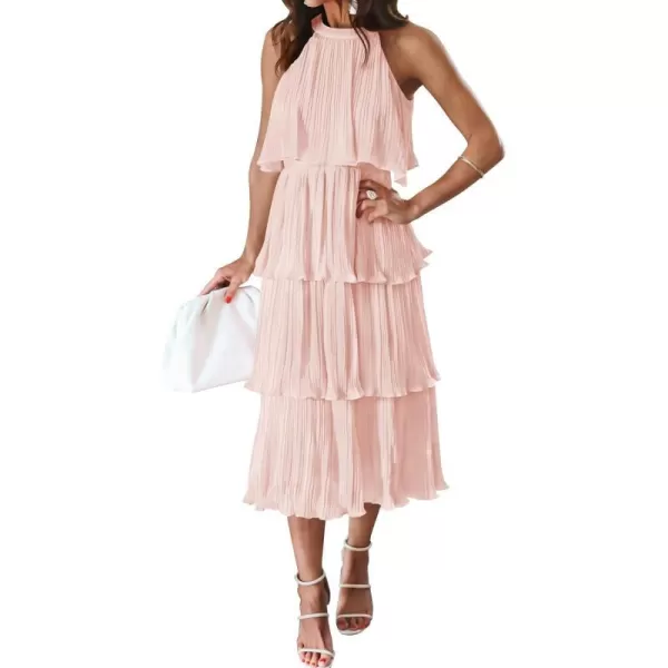 imageZESICA Womens 2023 Summer Sleeveless Halter Neck Ruffle Tiered Layed Chiffon Flowy Swing Long Midi DressPink