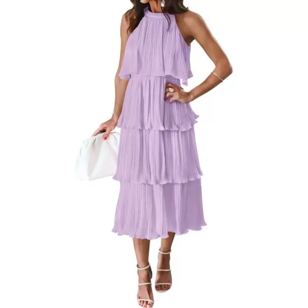 imageZESICA Womens 2023 Summer Sleeveless Halter Neck Ruffle Tiered Layed Chiffon Flowy Swing Long Midi DressPurple