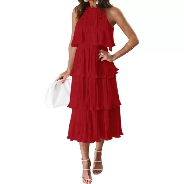 imageZESICA Womens 2023 Summer Sleeveless Halter Neck Ruffle Tiered Layed Chiffon Flowy Swing Long Midi DressRed