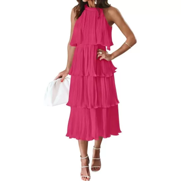 imageZESICA Womens 2023 Summer Sleeveless Halter Neck Ruffle Tiered Layed Chiffon Flowy Swing Long Midi DressRose