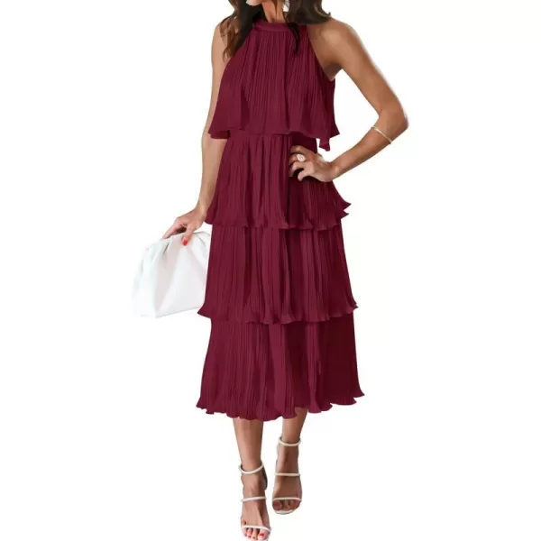 imageZESICA Womens 2023 Summer Sleeveless Halter Neck Ruffle Tiered Layed Chiffon Flowy Swing Long Midi DressWine