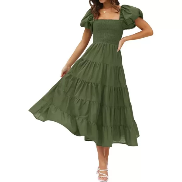 imageZESICA Womens 2023 Summer Square Neck Short Puff Sleeve Solid Color High Waist Casual Smocked Flowy A Line Tiered Midi DressArmygreen