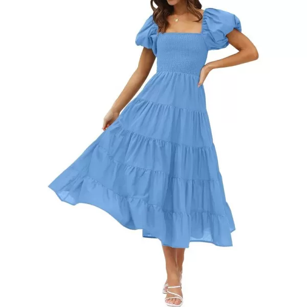 imageZESICA Womens 2023 Summer Square Neck Short Puff Sleeve Solid Color High Waist Casual Smocked Flowy A Line Tiered Midi DressBlue