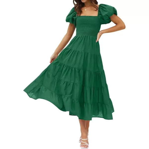 imageZESICA Womens 2023 Summer Square Neck Short Puff Sleeve Solid Color High Waist Casual Smocked Flowy A Line Tiered Midi DressForestgreen