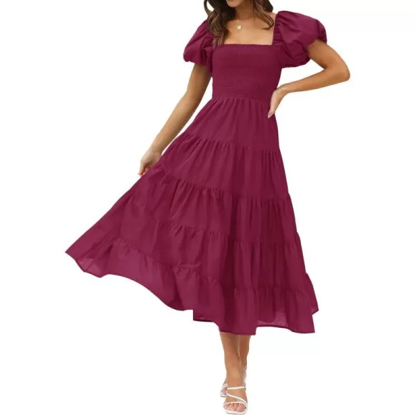imageZESICA Womens 2023 Summer Square Neck Short Puff Sleeve Solid Color High Waist Casual Smocked Flowy A Line Tiered Midi DressFuchsia