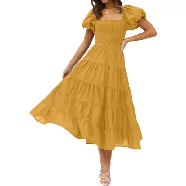 imageZESICA Womens 2023 Summer Square Neck Short Puff Sleeve Solid Color High Waist Casual Smocked Flowy A Line Tiered Midi DressGinger