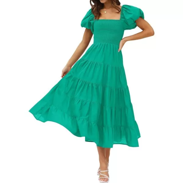 imageZESICA Womens 2023 Summer Square Neck Short Puff Sleeve Solid Color High Waist Casual Smocked Flowy A Line Tiered Midi DressGreen