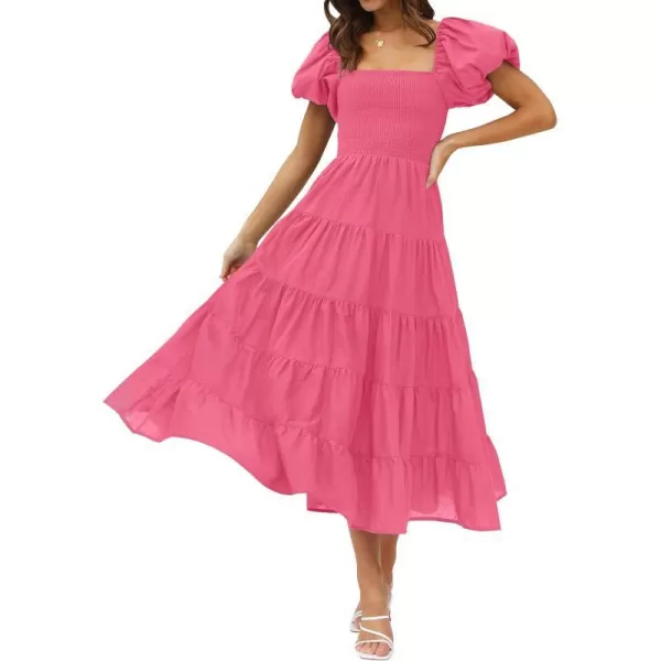 imageZESICA Womens 2023 Summer Square Neck Short Puff Sleeve Solid Color High Waist Casual Smocked Flowy A Line Tiered Midi DressHotpink