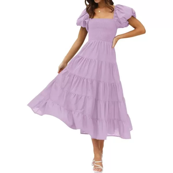 imageZESICA Womens 2023 Summer Square Neck Short Puff Sleeve Solid Color High Waist Casual Smocked Flowy A Line Tiered Midi DressLightpurple