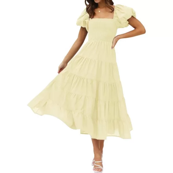 imageZESICA Womens 2023 Summer Square Neck Short Puff Sleeve Solid Color High Waist Casual Smocked Flowy A Line Tiered Midi DressLightyellow