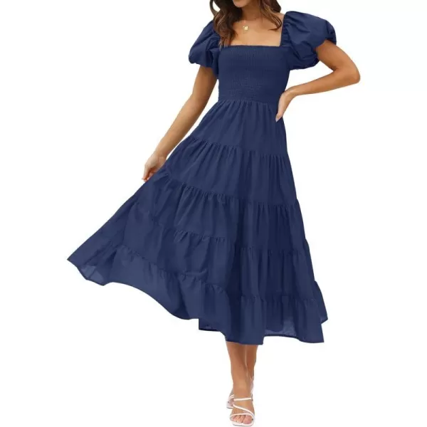 imageZESICA Womens 2023 Summer Square Neck Short Puff Sleeve Solid Color High Waist Casual Smocked Flowy A Line Tiered Midi DressNavy