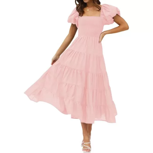 imageZESICA Womens 2023 Summer Square Neck Short Puff Sleeve Solid Color High Waist Casual Smocked Flowy A Line Tiered Midi DressPink
