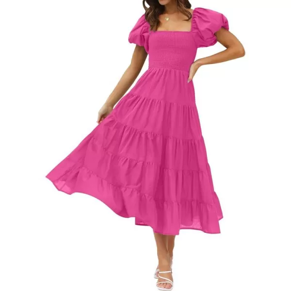 imageZESICA Womens 2023 Summer Square Neck Short Puff Sleeve Solid Color High Waist Casual Smocked Flowy A Line Tiered Midi DressRose