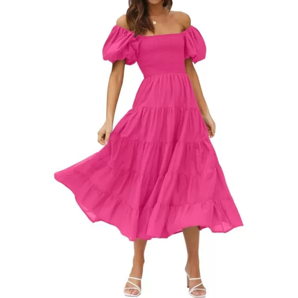 imageZESICA Womens 2023 Summer Square Neck Short Puff Sleeve Solid Color High Waist Casual Smocked Flowy A Line Tiered Midi DressRosepink