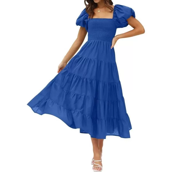 imageZESICA Womens 2023 Summer Square Neck Short Puff Sleeve Solid Color High Waist Casual Smocked Flowy A Line Tiered Midi DressRoyalblue