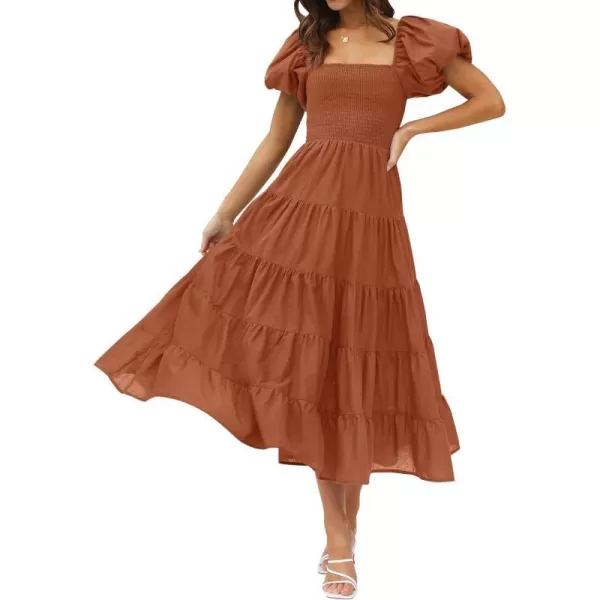 imageZESICA Womens 2023 Summer Square Neck Short Puff Sleeve Solid Color High Waist Casual Smocked Flowy A Line Tiered Midi DressRust
