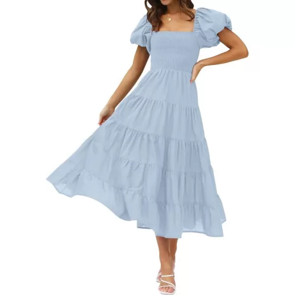 imageZESICA Womens 2023 Summer Square Neck Short Puff Sleeve Solid Color High Waist Casual Smocked Flowy A Line Tiered Midi DressSkyblue