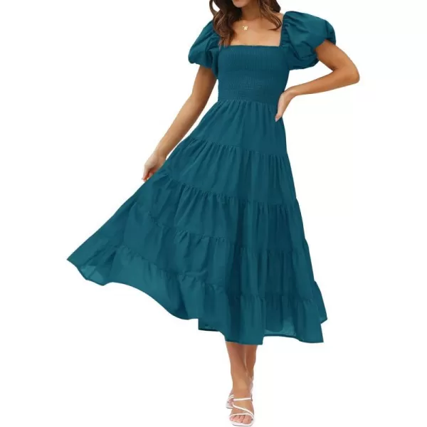 imageZESICA Womens 2023 Summer Square Neck Short Puff Sleeve Solid Color High Waist Casual Smocked Flowy A Line Tiered Midi DressTeal
