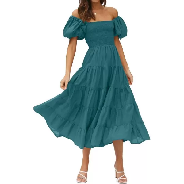 imageZESICA Womens 2023 Summer Square Neck Short Puff Sleeve Solid Color High Waist Casual Smocked Flowy A Line Tiered Midi DressTealgreen