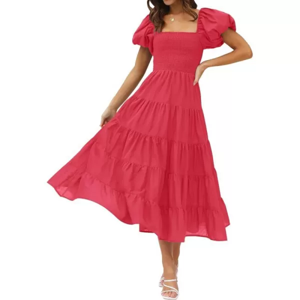 imageZESICA Womens 2023 Summer Square Neck Short Puff Sleeve Solid Color High Waist Casual Smocked Flowy A Line Tiered Midi DressWatermelon