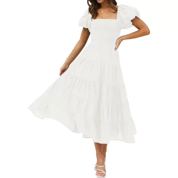 imageZESICA Womens 2023 Summer Square Neck Short Puff Sleeve Solid Color High Waist Casual Smocked Flowy A Line Tiered Midi DressWhite
