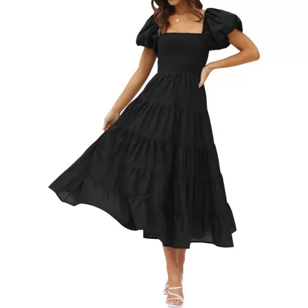 imageZESICA Womens 2023 Summer Square Neck Short Puff Sleeve Solid Color High Waist Casual Smocked Flowy A Line Tiered Midi DressZESICA Womens 2023 Summer Square Neck Short Puff Sleeve Solid Color High Waist Casual Smocked Flowy A Line Tiered Midi Dress