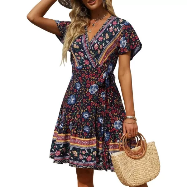 imageZESICA Womens 2023 Summer Wrap V Neck Bohemian Floral Print Ruffle Swing A Line Beach Mini DressOceanablue