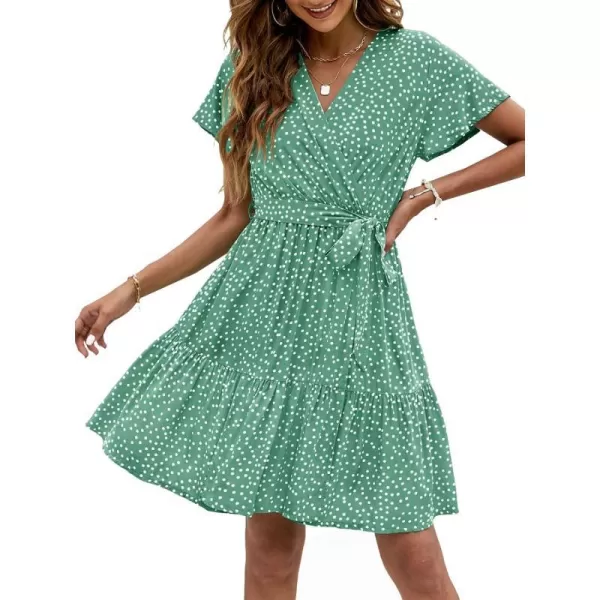 imageZESICA Womens 2023 Summer Wrap V Neck Bohemian Floral Print Ruffle Swing A Line Beach Mini DressPalegreen