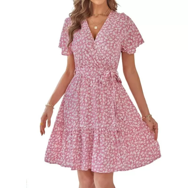 imageZESICA Womens 2023 Summer Wrap V Neck Bohemian Floral Print Ruffle Swing A Line Beach Mini DressPink