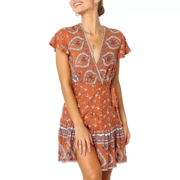 imageZESICA Womens 2023 Summer Wrap V Neck Bohemian Floral Print Ruffle Swing A Line Beach Mini DressTangerine