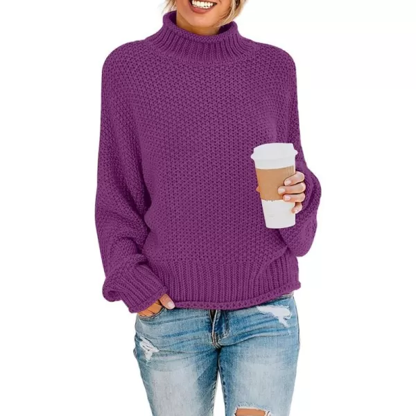 imageZESICA Womens 2023 Turtleneck Batwing Sleeve Loose Oversized Chunky Knitted Pullover Sweater Jumper TopsEggplant