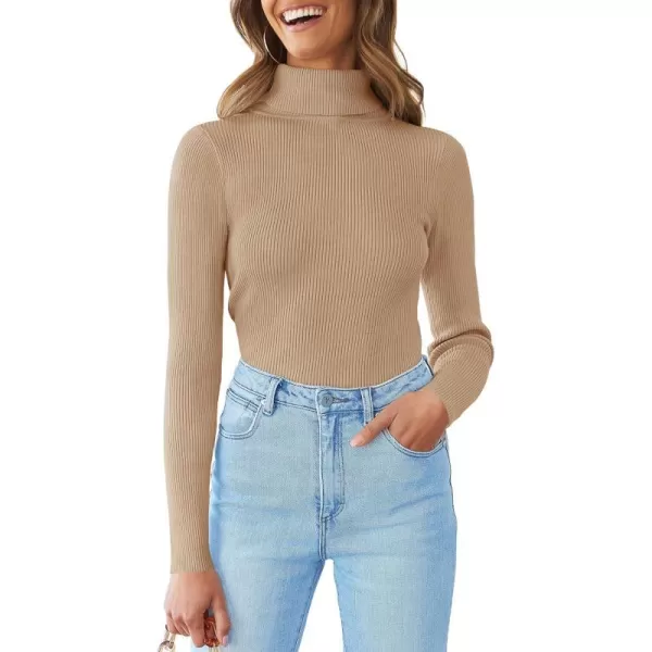 imageZESICA Womens 2023 Turtleneck Long Sleeve Knit Shirts Fall Basic Tops Slim Fitted Ribbed SweaterToffee