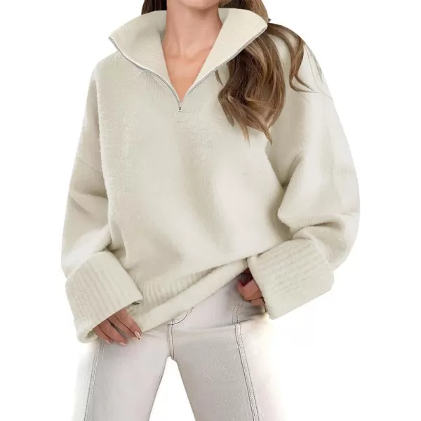 imageZESICA Womens 2023 Winter Long Sleeve 14 Zipper V Neck Loose Fuzzy Knitted Chunky Warm Pullover Sweater Jumper TopsApricot