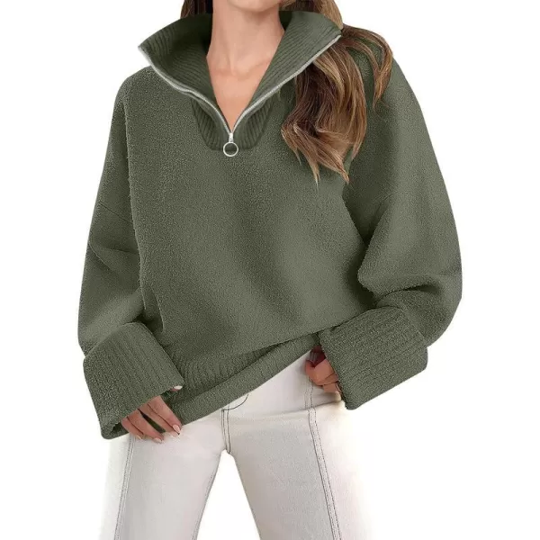imageZESICA Womens 2023 Winter Long Sleeve 14 Zipper V Neck Loose Fuzzy Knitted Chunky Warm Pullover Sweater Jumper TopsArmygreen