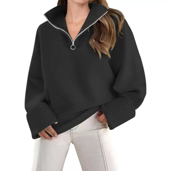 imageZESICA Womens 2023 Winter Long Sleeve 14 Zipper V Neck Loose Fuzzy Knitted Chunky Warm Pullover Sweater Jumper TopsBlack