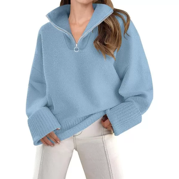 imageZESICA Womens 2023 Winter Long Sleeve 14 Zipper V Neck Loose Fuzzy Knitted Chunky Warm Pullover Sweater Jumper TopsBlue